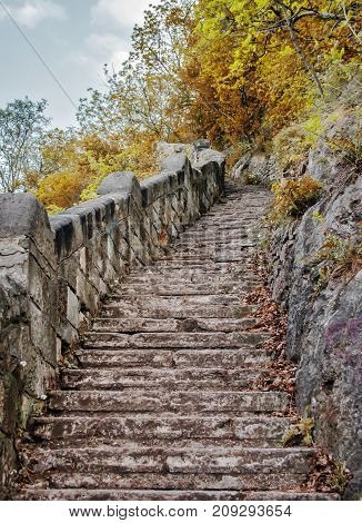 Beautiful upgoing old stone stairway among brown autumn leaves
