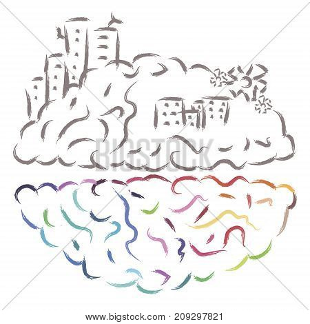 Two sides of the brain activity vector illustration. Colorful and gray thinking
