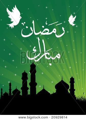 abstrakt grønne stråler baggrund med moské, hvide duer
