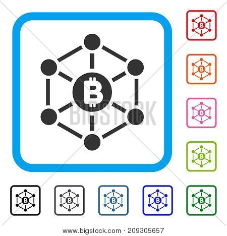 Bitcoin Finance Netwok icon. Flat gray iconic symbol in a light blue rounded frame. Black, gray, green, blue, red, orange color versions of Bitcoin Finance Netwok vector.