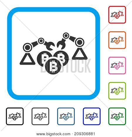 Bitcoin Mining Robotics icon. Flat gray pictogram symbol in a light blue rounded squared frame. Black, gray, green, blue, red, orange color additional versions of Bitcoin Mining Robotics vector.