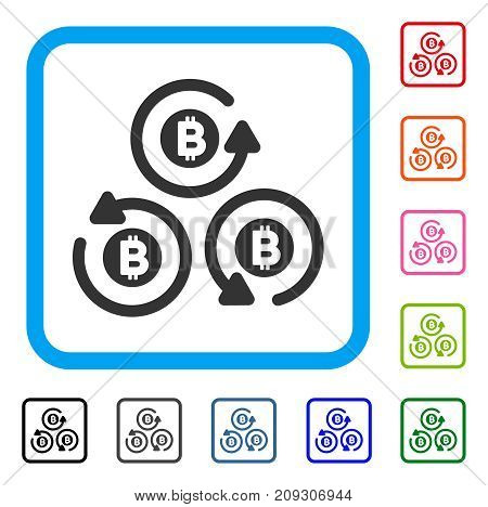 Bitcoin Mixer Rotation icon. Flat gray iconic symbol inside a light blue rounded frame. Black, gray, green, blue, red, orange color additional versions of Bitcoin Mixer Rotation vector.