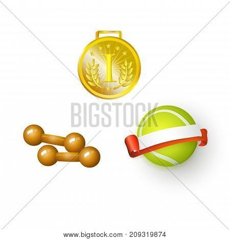 vector flat sport equipment set. Tennis ball with ribbon blank banners , golden first flace winner medal trophy and dumbbells objects . Isolated illustration on a white background