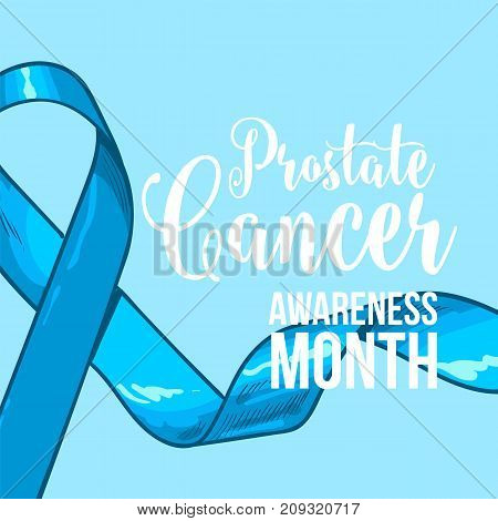 Prostate cancer awareness month banner, poster, template with hand drawn blue ribbon, sketch vector illustration. Hand drawn blue ribbon, prostate cancer awareness month campaign banner, poster, card