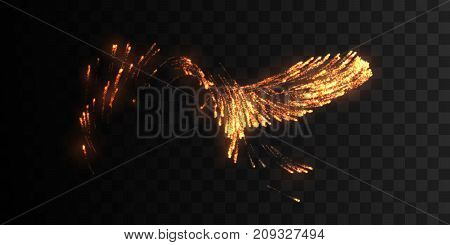 Fire sparks flowing stream isolated on transparent background. Vector illustration. Glowing particles leak. Sparkling shiny wave effect for design.