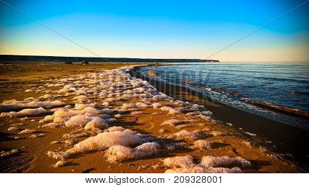 Sea foam at the beach of the Aral Sea near Aktumsuk cape at sunset in Karakalpakstan Uzbekistan