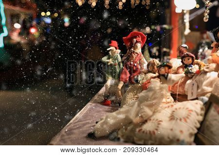 close up christmas stand and snow to december