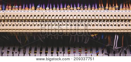 Terminal blocks for electrical connection and earthing terminals for grounding in the control cubicle. Wires with caption fields.