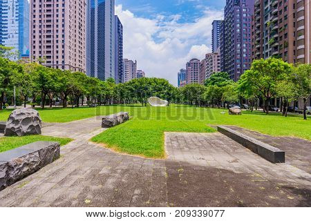 TAICHUNG TAIWAN - JULY 18: View of a park in the downtown area of Taichung on July 18 2017 in Taichung