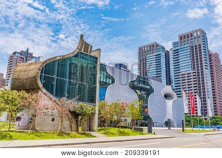 TAICHUNG TAIWAN - JULY 18: This is the National Taichung Theater building a popular landmark in the financial district on July 18 2017 in Taichung