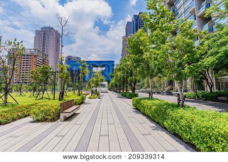 TAICHUNG TAIWAN - JULY 18: This is a cityscape of the downtown financial district in Taichung with the City council building in the distance on July 18 2017 in Taichung