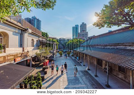 TAIPEI TAIWAN - JULY 15: This is Huashan 1914 Creative Park which is a park dedicated to art and design exhibitions it is also a popular landmark on July 15 2017 in Taipei