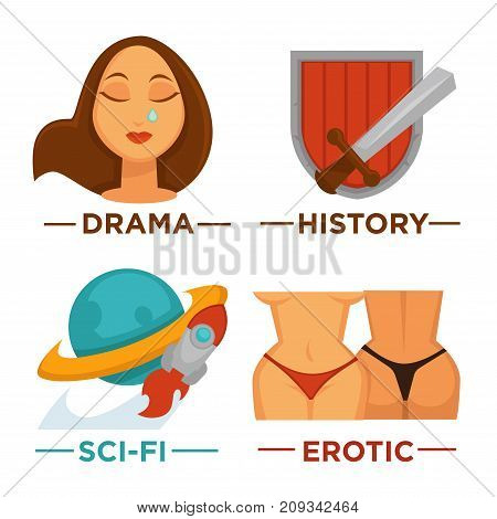 Vector flat isolated symbols set for cinema or channel movie genre tag. Movie genre icons.