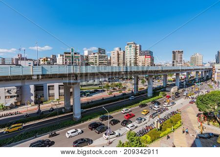 TAIPEI TAIWAN - JULY 15: This is a view of the downtown area near Guanghua digital plaza a popular electronics shopping area on July 15 2017 in Taipei