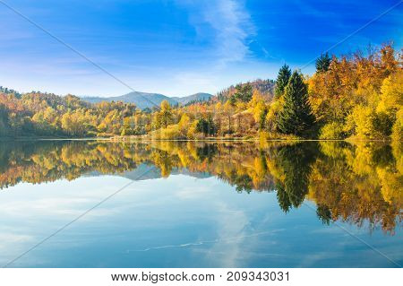 View of Mrzla vodica lake, beautiful colorful mountain autumn landscape, Gorski kotar, Croatia