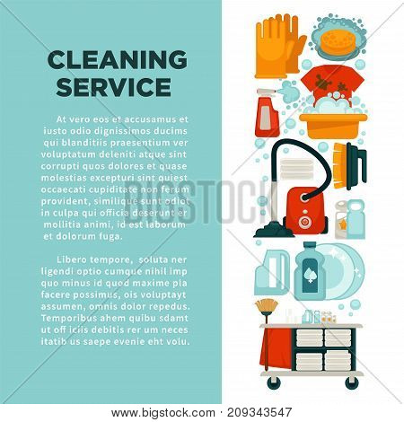 House cleaning service promotional banner with big text, maid in uniform and equipment for work with powerful cleaners in bottles isolated cartoon flat vector illustrations on light bluebackground.