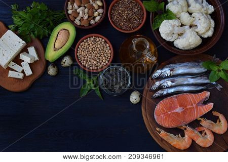 Composition Of Products Containing Unsaturated Fatty Acids Omega 3 - Fish, Nuts, Tofu, Avocado, Eggs