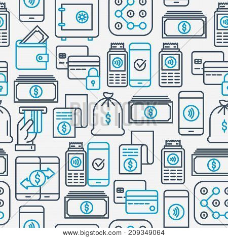 Payment seamless pattern with thin line icons related to credit card, money flow, saving, atm, mobile payment. Vector illustration of banner, web page, print media.