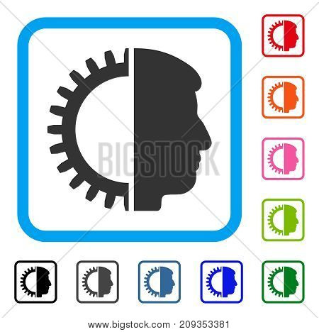 Android Head icon. Flat gray iconic symbol inside a light blue rounded square. Black, gray, green, blue, red, orange color additional versions of Android Head vector.