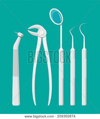 Dentist work tools. Tooth healthcare equipment set. Drill, tongs, mouth mirror, hook. Oral care, stomatology and dentistry. Vector illustration in flat style