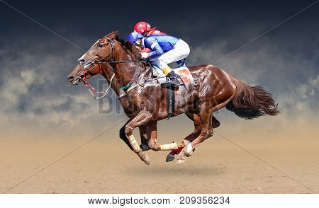 Two racing horses neck to neck in fierce competition for the finish line. Digital collage