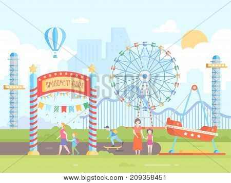 Amusement park - modern flat design style vector illustration on urban background. Cityscape with attractions, big wheel, roller coaster, people. Hot air balloon, sun in the sky. Entertainment concept