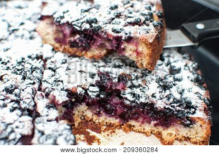 Sliced Powdered Blackcurrant Tart On A Round Baking Tray