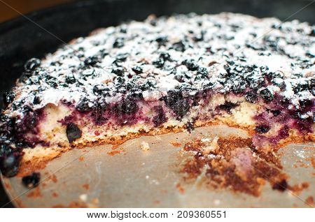 Blackcurrant Tart With Sugar Powder On A Round Baking Tray