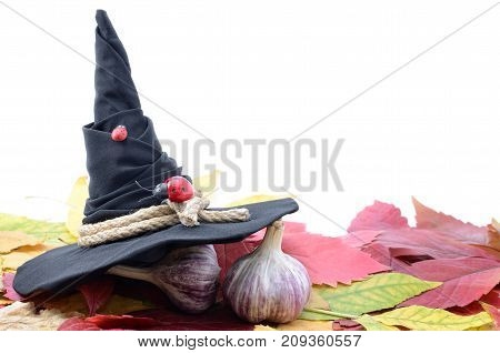 Garlic Banishes The Evil Spirit On The Autumn Leaves