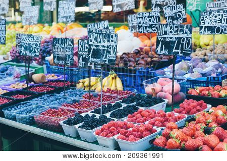 Appetizing market stalls in Vienna's famous Naschmarkt.