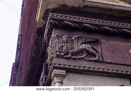 VENICE ITALY - SEPTEMBER 29 2017: The bas-relief of St. Mark's lion in Venice.