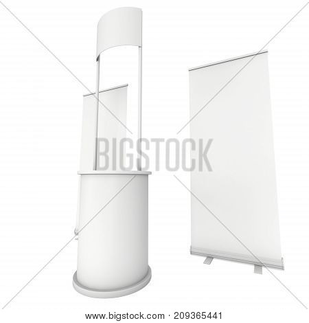 Stall or Kiosk Modern Promostand Reception Desk with roll up. Trade show booth white and blank. 3d render illustration isolated on white background. Template mockup for your expo design.