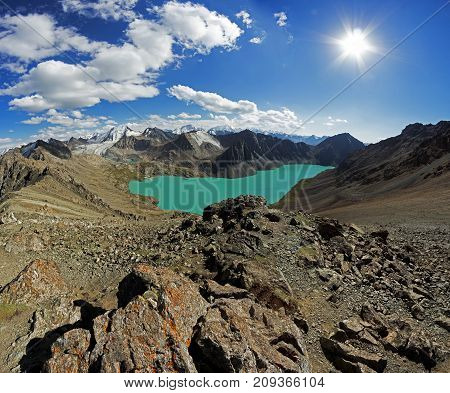 Panorama Of The Mountain Lake Tien Shan