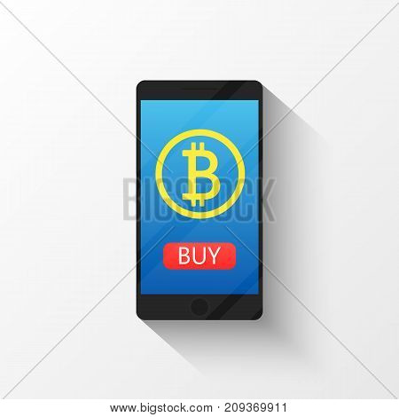 Bitcoin digital wallet flat icon design symbol isolated vector illustration. Crypto currency. Smartphone with a sign bitcoin.
