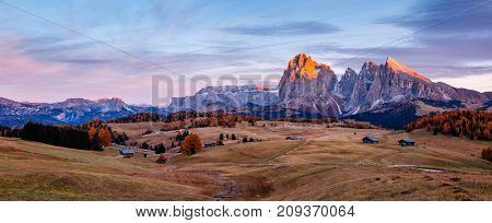 Scenic image of bright hills. Location Dolomiti alps, Compaccio, Seiser Alm or Alpe di Siusi, Bolzano province, South Tyrol, Italy, Europe, Great picture of wild area. Explore the beauty of earth.