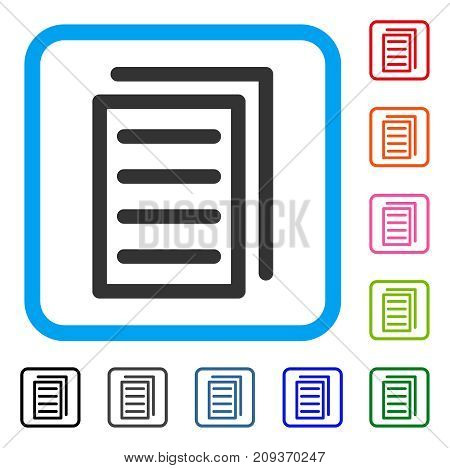 Copy Document icon. Flat gray iconic symbol in a light blue rounded frame. Black, gray, green, blue, red, orange color variants of Copy Document vector. Designed for web and application UI.