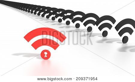 Red wifi symbol among black wireless icons on white where the dot has a keyhole compromised WPA2 wifi network cybersecurity 3D illustration