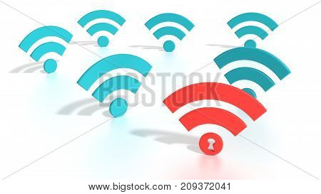 Red wifi symbol among blue wireless icons on white where the dot has a keyhole compromised WPA2 wifi network cybersecurity 3D illustration
