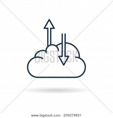 Vector line art icon of cloud with upload and download arrows. Safe and modern internet data storage concept. Isolated web outline icon on wthite background