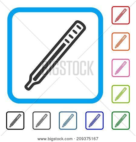 Medical Thermometer icon. Flat grey iconic symbol in a light blue rounded frame. Black, gray, green, blue, red, orange color variants of Medical Thermometer vector. Designed for web and app UI.