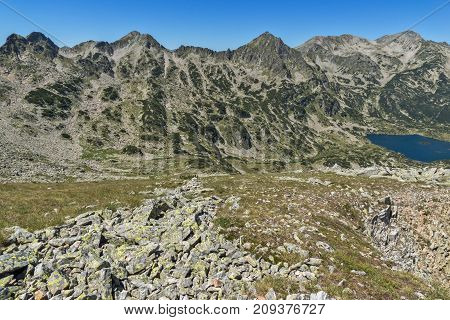 Amazing Landscape of Popovo lake, Dzhangal and Polezhan peaks from Dzhano peak, Pirin Mountain, Bulgaria