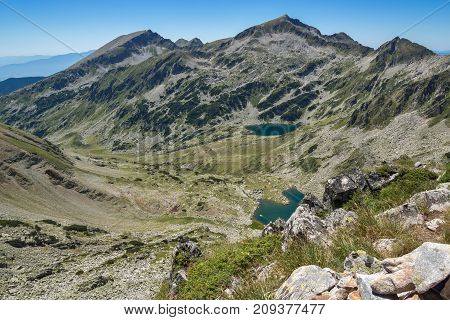 Amazing Landscape of Kamenitsa peak, Argirovo and Mitrovo lakes from Dzhano peak, Pirin Mountain, Bulgaria