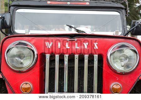 SALENTO COLOMBIA - JUNE 6: Closeup of a red Willys Jeep in Salento Colombia on June 6 2016
