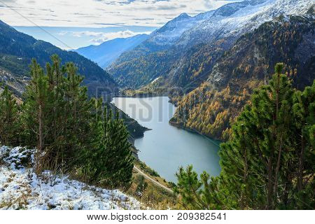 Galgenbichl dam and reservoir in the Hohe Tauern range within Carinthia, Austria. It is located immediately downstream from the Koelnbrein Dam and is the lower reservoir for the power station.