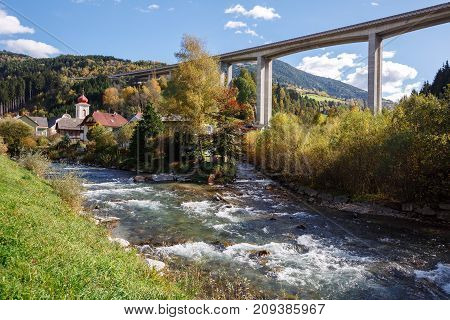 Tauern autobahn (motorway) bridge near the town of Eisentratten. Municipality Krems in Kaernten, district of Spittal an der Drau in Carinthia, Austria.