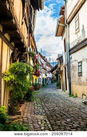 Traditional French Houses And Shops In Eguisheim, Alsace, France