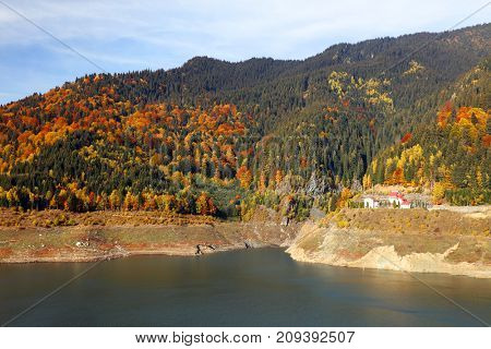 Dam lake in the Carpathians, Romania, Europe