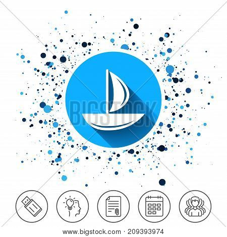 Button on circles background. Sail boat icon. Ship sign. Shipment delivery symbol. Calendar line icon. And more line signs. Random circles. Editable stroke. Vector