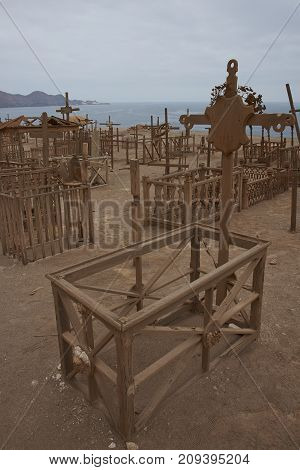 Pisagua, Tarapaca Region, Chile - August 30, 2017: Historic cemetery from the era of nitrate mining in the Atacama Desert, at Pisagua on the coast of northern Chile