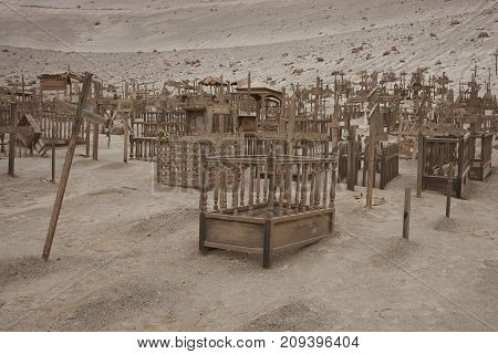 Pisagua, Tarapaca Region, Chile - August 30, 2017: Historic cemetery from the era of nitrate mining in the Atacama Desert, at Pisagua on the coast of northern Chile
